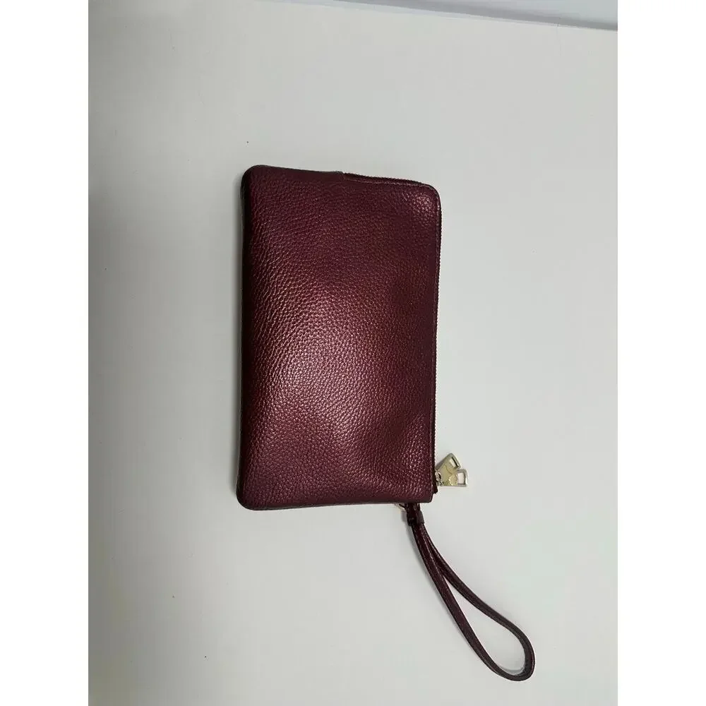 Coach F87587 Double Zip Wristlet Metallic Wine Burgundy Pebbled Leather Gold
